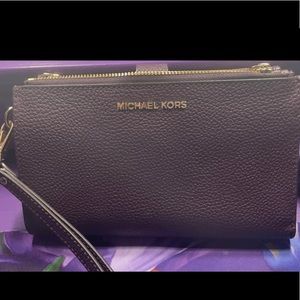 Michael Kors Adele Double-Zip Pebble Leather Phone Wristlet in Dark Purple